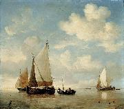 willem van de velde  the younger Dutch Smalschips and a Rowing Boat oil on canvas